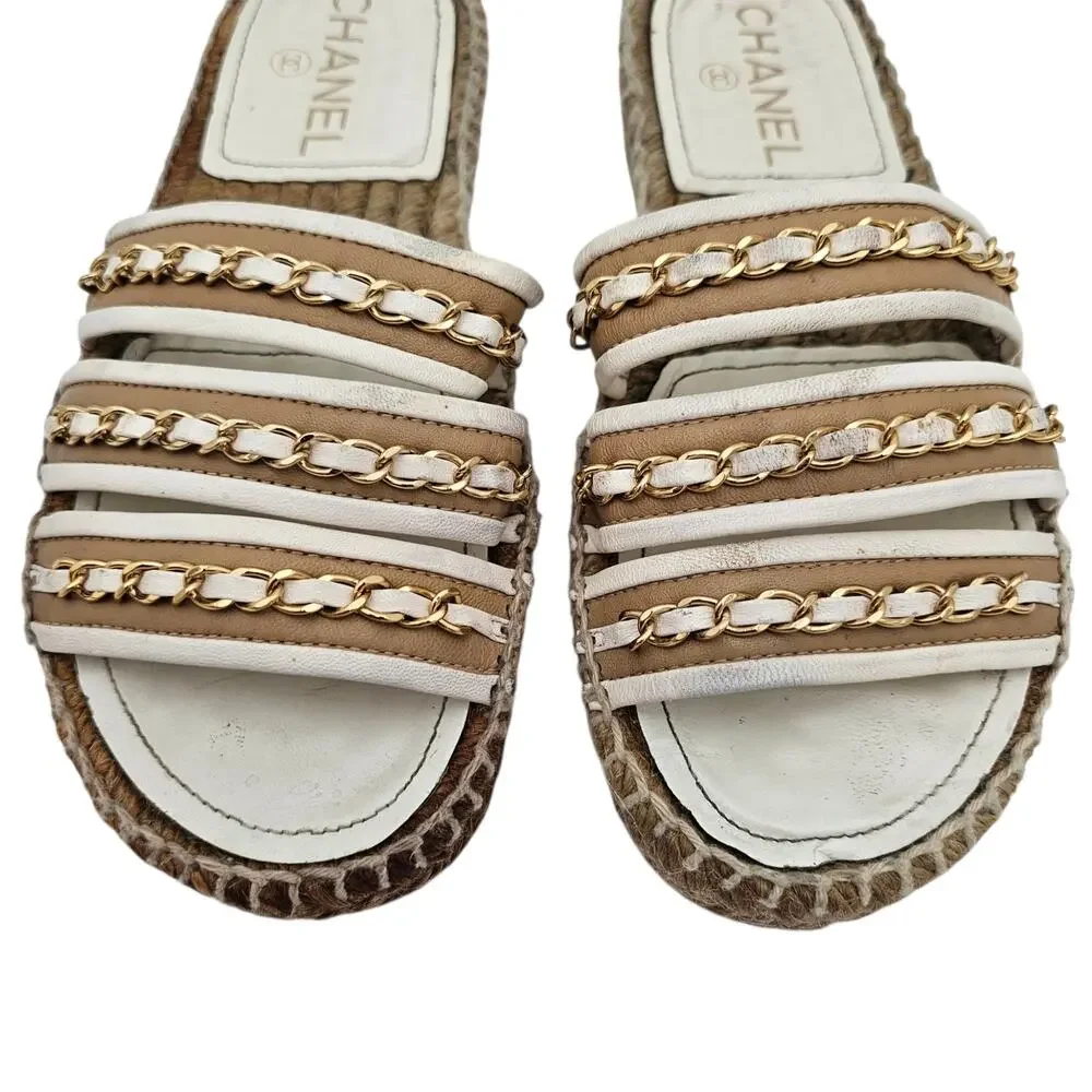 Chanel Chain Espadrille Flat Slide Sandal Beige White Leather Size 36 C US 5 5.5